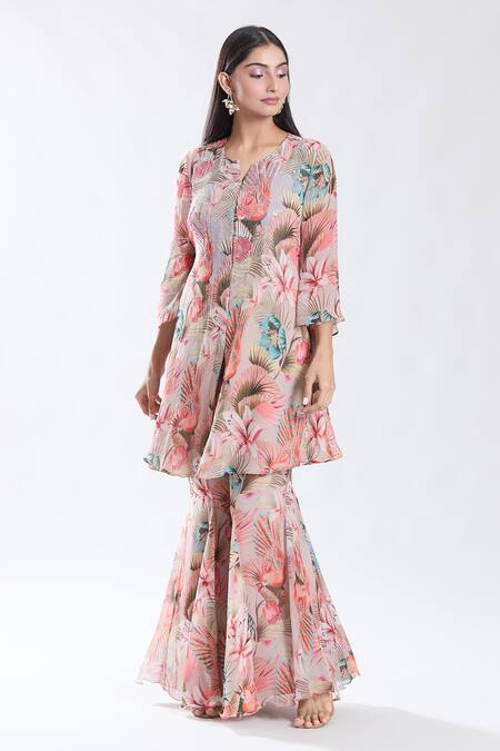 Buy_Preeti Jhawar_Beige Chiffon, Cotton, Silk, Linen Forest Pattern Yoke Kurta And Sharara Set _Online_at_Aza_Fashions