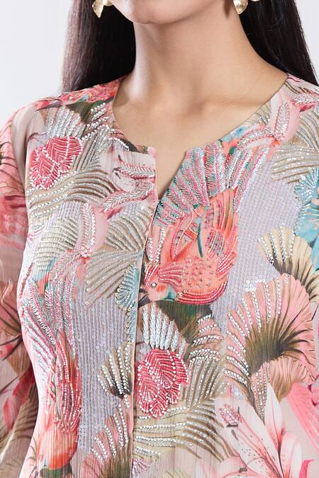 Shop_Preeti Jhawar_Beige Chiffon, Cotton, Silk, Linen Forest Pattern Yoke Kurta And Sharara Set _Online_at_Aza_Fashions