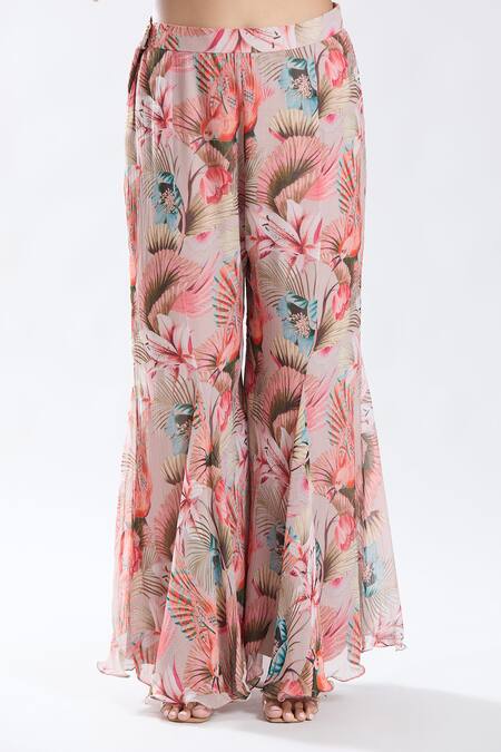 Preeti Jhawar_Beige Chiffon, Cotton, Silk, Linen Forest Pattern Yoke Kurta And Sharara Set _at_Aza_Fashions