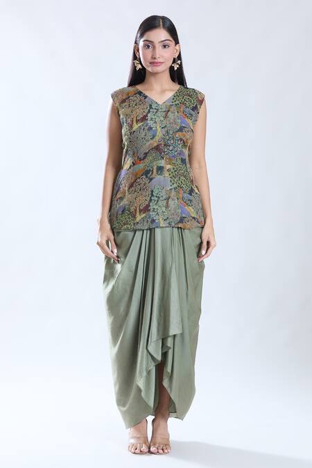 Preeti Jhawar_Multi Color Silk, Cotton Embroidery, Forest Print And Cape Dhoti Skirt Set _Online_at_Aza_Fashions