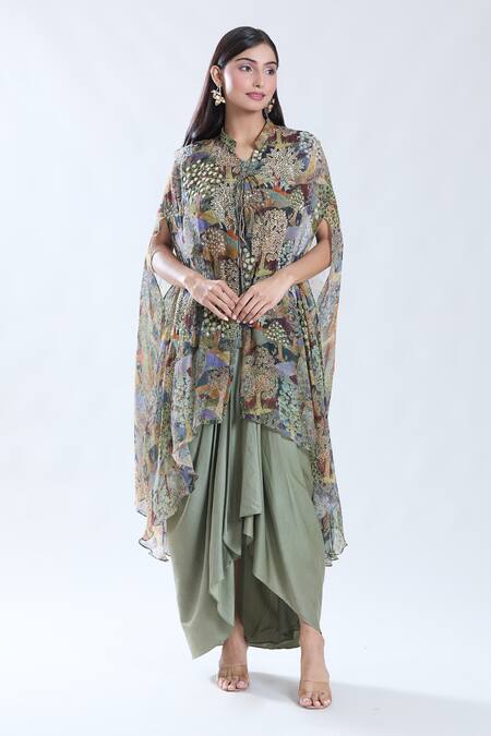 Shop_Preeti Jhawar_Multi Color Silk, Cotton Embroidery, Forest Print And Cape Dhoti Skirt Set _Online_at_Aza_Fashions