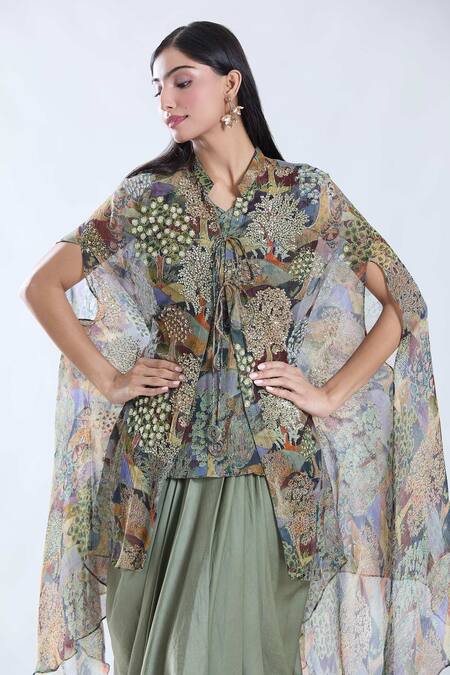 Preeti Jhawar_Multi Color Silk, Cotton Embroidery, Forest Print And Cape Dhoti Skirt Set _at_Aza_Fashions