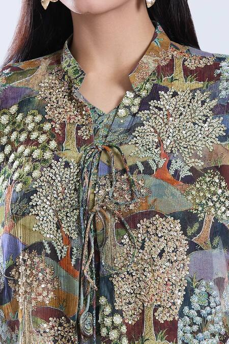 Buy_Preeti Jhawar_Multi Color Silk, Cotton Embroidery, Forest Print And Cape Dhoti Skirt Set 