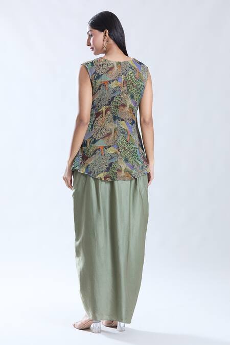 Shop_Preeti Jhawar_Multi Color Silk, Cotton Embroidery, Forest Print And Cape Dhoti Skirt Set 