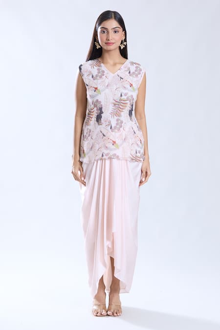 Preeti Jhawar_Pink Chiffon, Silk, Cotton Sequins Mandarin Gardenia Print Cape Dhoti Skirt Set _Online_at_Aza_Fashions