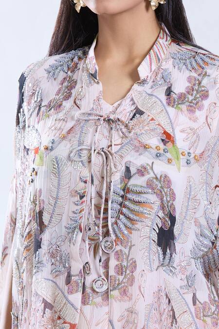 Buy_Preeti Jhawar_Pink Chiffon, Silk, Cotton Sequins Mandarin Gardenia Print Cape Dhoti Skirt Set _Online_at_Aza_Fashions