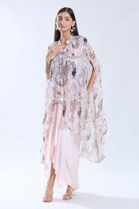 Preeti Jhawar_Pink Chiffon, Silk, Cotton Sequins Mandarin Gardenia Print Cape Dhoti Skirt Set _at_Aza_Fashions