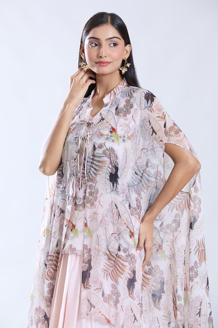 Buy_Preeti Jhawar_Pink Chiffon, Silk, Cotton Sequins Mandarin Gardenia Print Cape Dhoti Skirt Set 