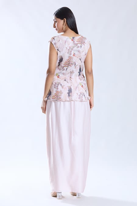 Shop_Preeti Jhawar_Pink Chiffon, Silk, Cotton Sequins Mandarin Gardenia Print Cape Dhoti Skirt Set 