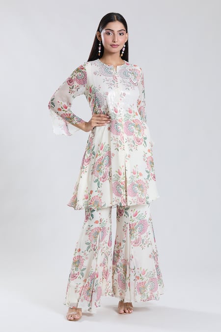 Preeti Jhawar Off White Chiffon Lining Cotton And Sequin Yoke Embroidered Kurta With Sharara