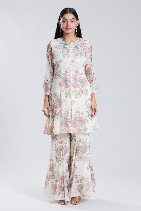 Preeti Jhawar_Off White Chiffon, , Silk, Bloomy Print And Yoke Kurta With Sharara _Online_at_Aza_Fashions