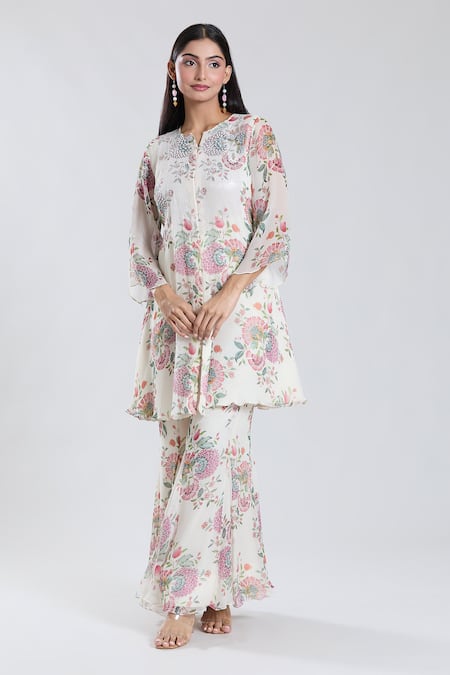Buy_Preeti Jhawar_Off White Chiffon, , Silk, Bloomy Print And Yoke Kurta With Sharara _Online_at_Aza_Fashions