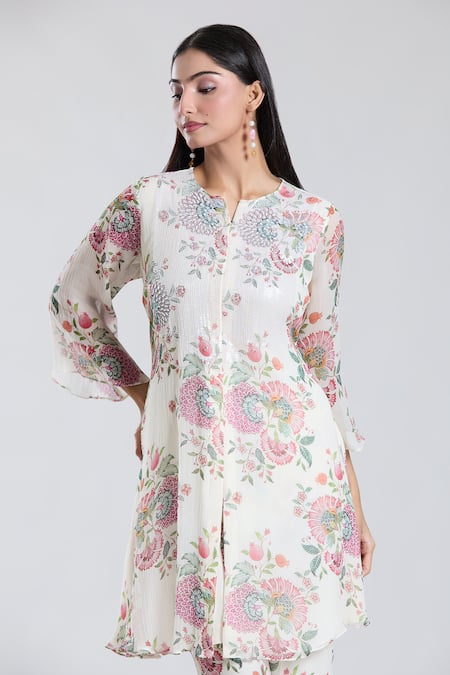 Shop_Preeti Jhawar_Off White Chiffon, , Silk, Bloomy Print And Yoke Kurta With Sharara _Online_at_Aza_Fashions