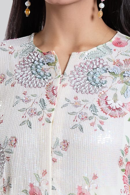 Preeti Jhawar_Off White Chiffon, , Silk, Bloomy Print And Yoke Kurta With Sharara _at_Aza_Fashions