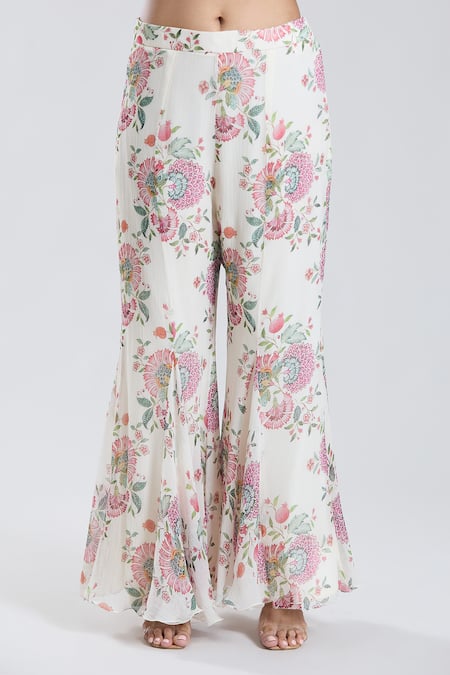 Buy_Preeti Jhawar_Off White Chiffon, , Silk, Bloomy Print And Yoke Kurta With Sharara 