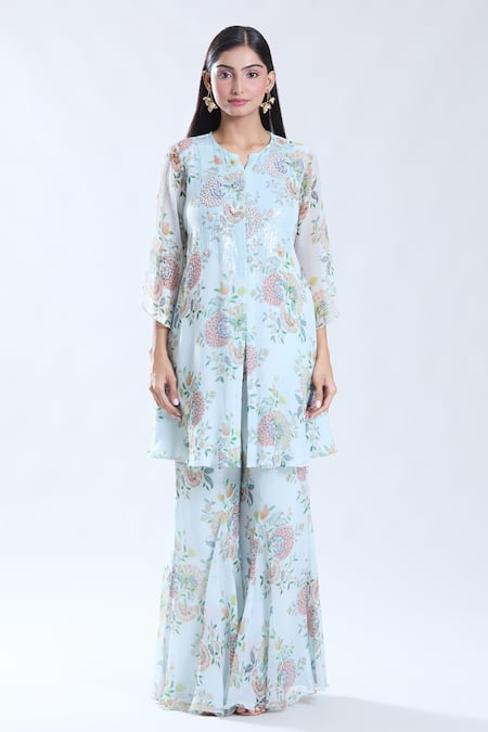 Preeti Jhawar_Blue Chiffon, Cotton, Silk Embroidery, Flora Print And Yoke Kurta With Sharara _Online_at_Aza_Fashions