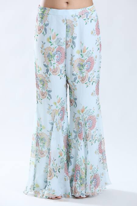 Buy_Preeti Jhawar_Blue Chiffon, Cotton, Silk Embroidery, Flora Print And Yoke Kurta With Sharara _Online_at_Aza_Fashions