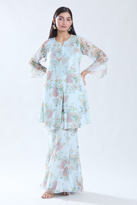 Shop_Preeti Jhawar_Blue Chiffon, Cotton, Silk Embroidery, Flora Print And Yoke Kurta With Sharara _Online_at_Aza_Fashions