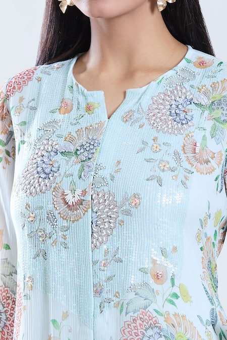Buy_Preeti Jhawar_Blue Chiffon, Cotton, Silk Embroidery, Flora Print And Yoke Kurta With Sharara 