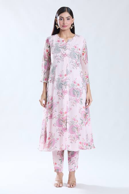 Preeti Jhawar_Beige Chiffon, Cotton, Silk Embroidery, Tassels Floral Print And Anarkali Set _Online_at_Aza_Fashions