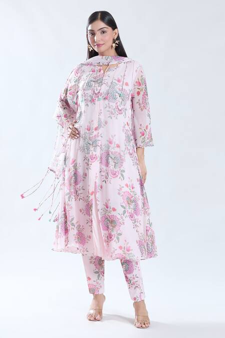 Buy_Preeti Jhawar_Beige Chiffon, Cotton, Silk Embroidery, Tassels Floral Print And Anarkali Set _Online_at_Aza_Fashions