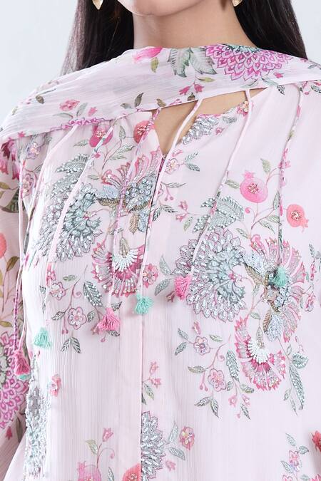 Preeti Jhawar_Beige Chiffon, Cotton, Silk Embroidery, Tassels Floral Print And Anarkali Set _at_Aza_Fashions