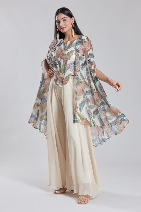 Preeti Jhawar Off White Chiffon Lining Cotton Silk Print And Embroidered Cape Sharara Set 