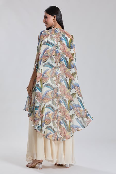 Preeti Jhawar Parakeet World Print & Embroidered Cape Sharara Set 