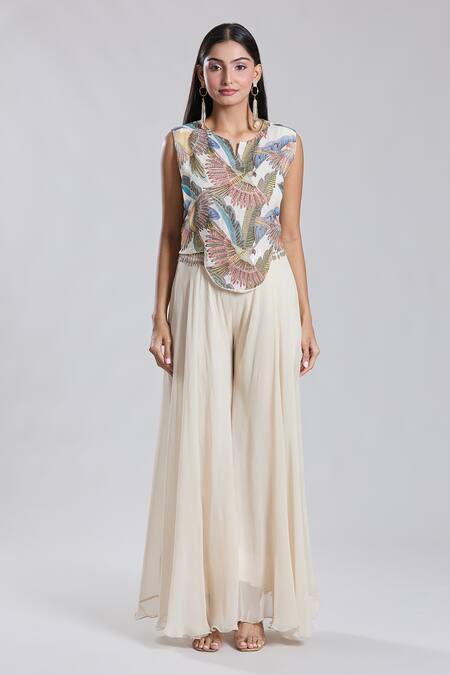 Preeti Jhawar_Off White Chiffon, Cotton, Silk Parakeet World Print And Cape Sharara Set _Online_at_Aza_Fashions