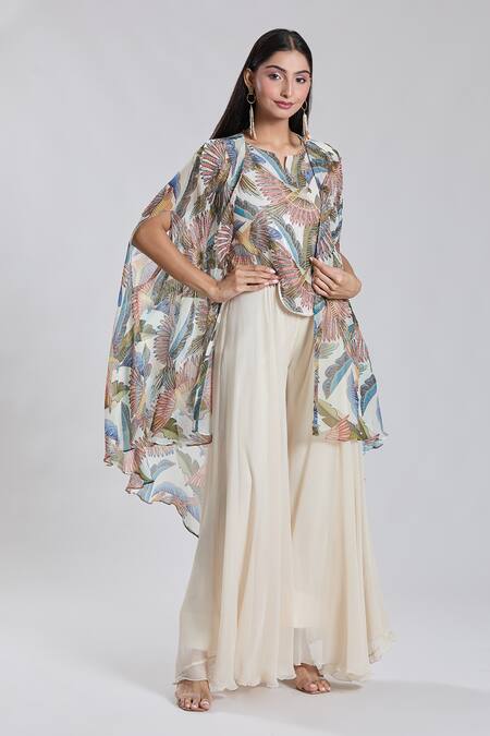 Shop_Preeti Jhawar_Off White Chiffon, Cotton, Silk Parakeet World Print And Cape Sharara Set _Online_at_Aza_Fashions
