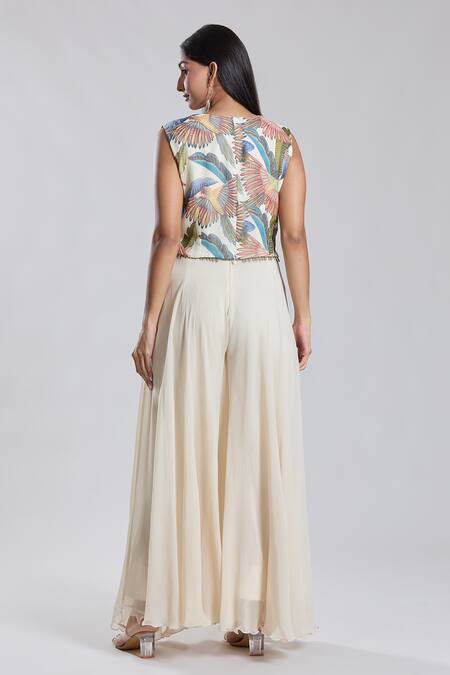 Shop_Preeti Jhawar_Off White Chiffon, Cotton, Silk Parakeet World Print And Cape Sharara Set 