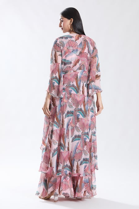 Preeti Jhawar Parakeet Print & Embroidered Jacket Sharara Set 