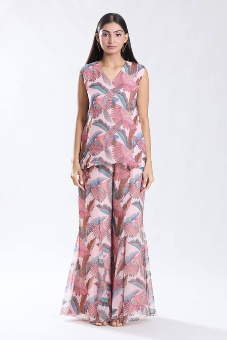 Preeti Jhawar_Pink Chiffon, Cotton, Silk Embroidery Round Parakeet Print And Jacket Sharara Set _Online_at_Aza_Fashions