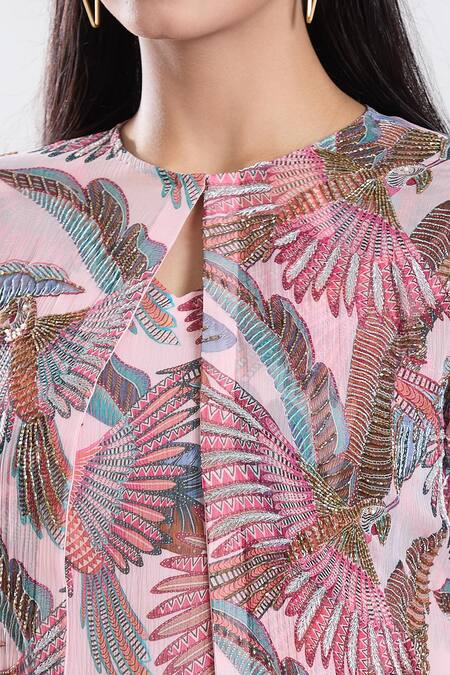 Buy_Preeti Jhawar_Pink Chiffon, Cotton, Silk Embroidery Round Parakeet Print And Jacket Sharara Set _Online_at_Aza_Fashions
