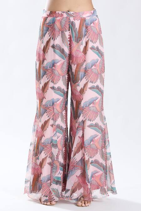 Shop_Preeti Jhawar_Pink Chiffon, Cotton, Silk Embroidery Round Parakeet Print And Jacket Sharara Set _Online_at_Aza_Fashions