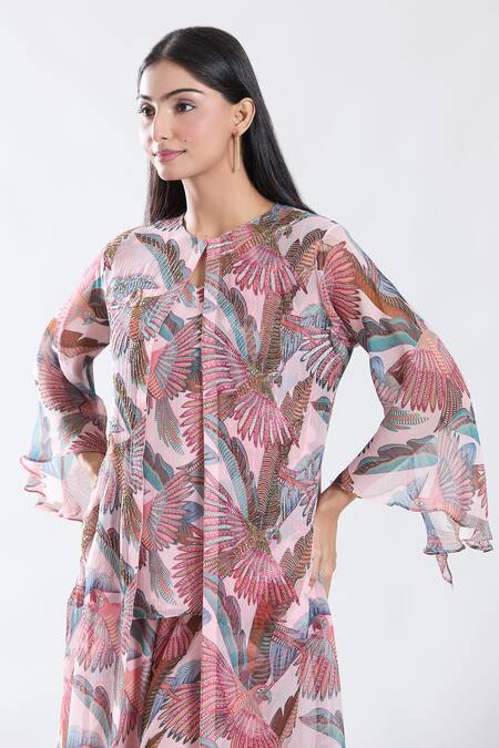Shop_Preeti Jhawar_Pink Chiffon, Cotton, Silk Embroidery Round Parakeet Print And Jacket Sharara Set 