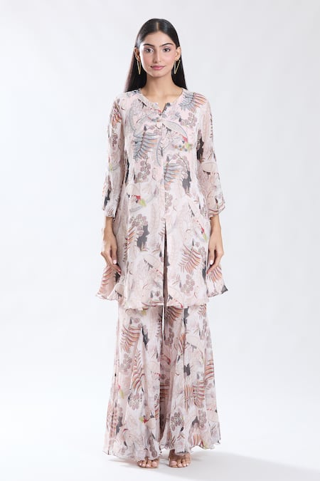 Preeti Jhawar_Pink Chiffon, Cotton, Tropical Era Print And Yoke Embroidered Kurta With Sharara _Online_at_Aza_Fashions