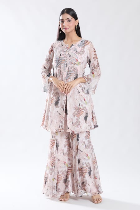 Buy_Preeti Jhawar_Pink Chiffon, Cotton, Tropical Era Print And Yoke Embroidered Kurta With Sharara _Online_at_Aza_Fashions