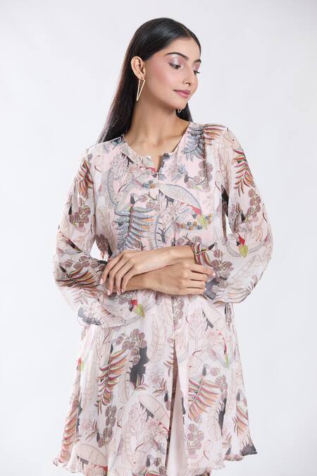 Shop_Preeti Jhawar_Pink Chiffon, Cotton, Tropical Era Print And Yoke Embroidered Kurta With Sharara _Online_at_Aza_Fashions