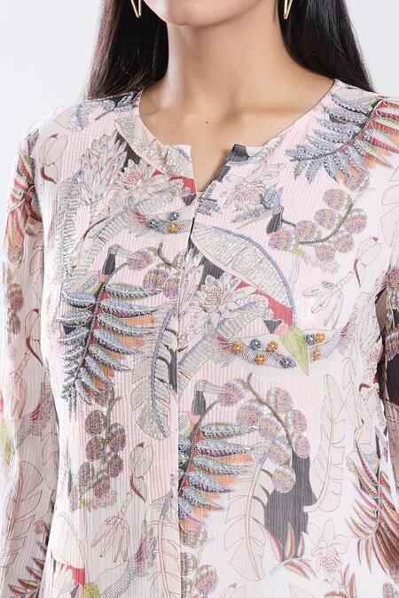 Preeti Jhawar_Pink Chiffon, Cotton, Tropical Era Print And Yoke Embroidered Kurta With Sharara _at_Aza_Fashions