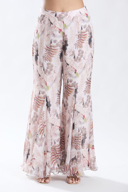 Buy_Preeti Jhawar_Pink Chiffon, Cotton, Tropical Era Print And Yoke Embroidered Kurta With Sharara 