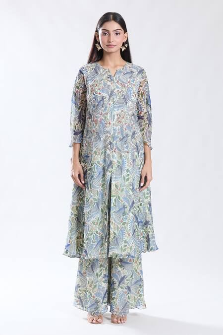 Preeti Jhawar_Blue Chiffon, , Silk, Satin Embroidery, Macaw Print And Anarkali Set _Online_at_Aza_Fashions