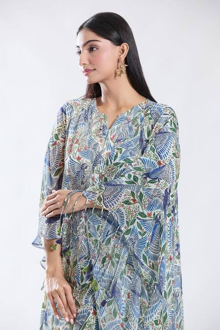 Shop_Preeti Jhawar_Blue Chiffon, , Silk, Satin Embroidery, Macaw Print And Anarkali Set _Online_at_Aza_Fashions