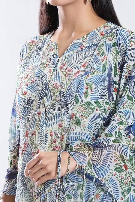 Preeti Jhawar_Blue Chiffon, , Silk, Satin Embroidery, Macaw Print And Anarkali Set _at_Aza_Fashions