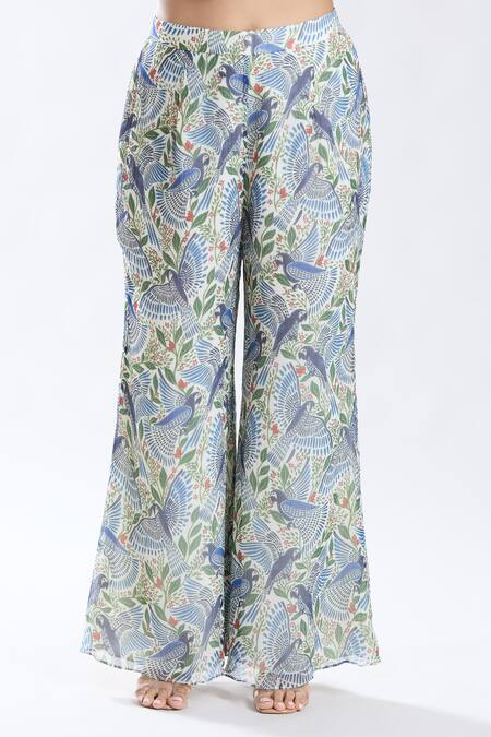 Buy_Preeti Jhawar_Blue Chiffon, , Silk, Satin Embroidery, Macaw Print And Anarkali Set 