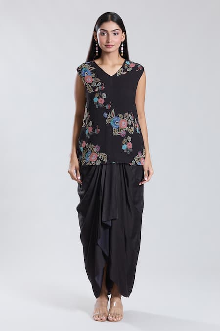 Preeti Jhawar_Black Chiffon, Silk, Cotton Embroidery, Gul Print And Cape Dhoti Skirt Set _Online_at_Aza_Fashions