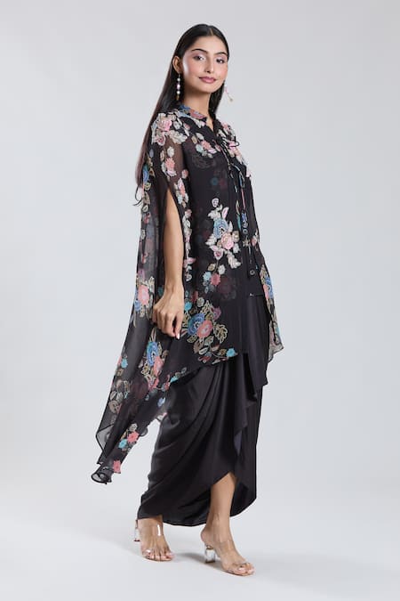 Preeti Jhawar_Black Chiffon, Silk, Cotton Embroidery, Gul Print And Cape Dhoti Skirt Set _at_Aza_Fashions
