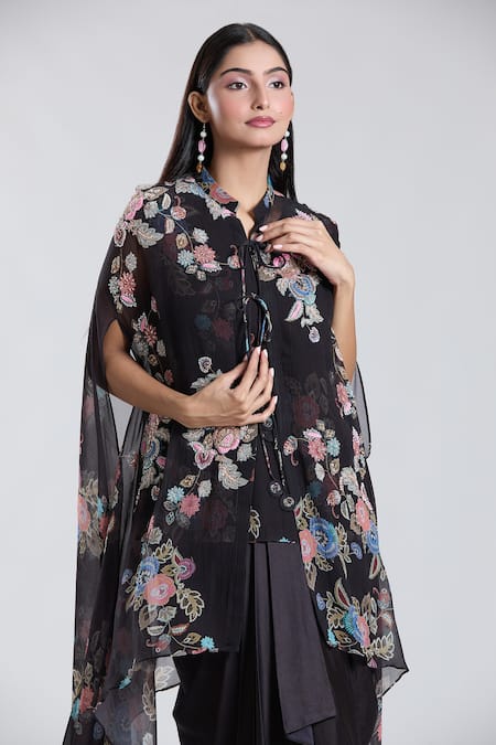 Buy_Preeti Jhawar_Black Chiffon, Silk, Cotton Embroidery, Gul Print And Cape Dhoti Skirt Set 