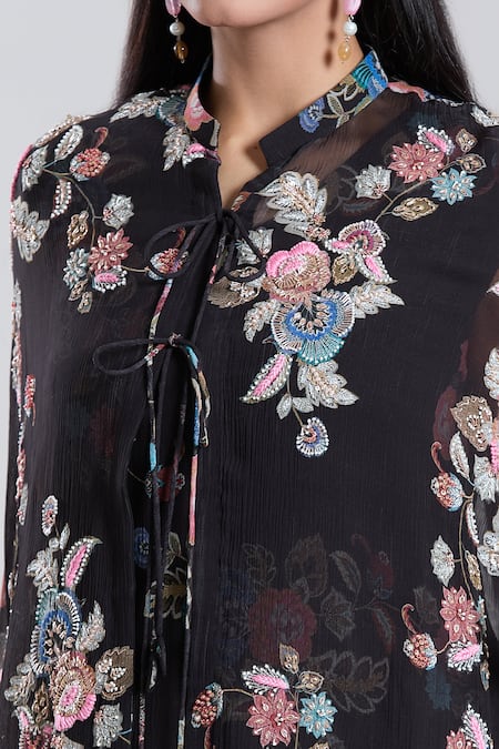 Shop_Preeti Jhawar_Black Chiffon, Silk, Cotton Embroidery, Gul Print And Cape Dhoti Skirt Set 