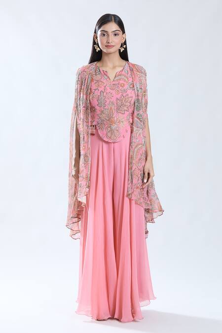 Preeti Jhawar_Pink Chiffon, Cotton Embroidery Gullista Print And Cape Sharara Set _Online_at_Aza_Fashions